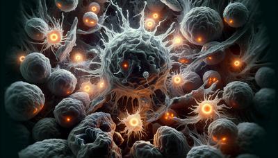 Microscópio com células T luminosas atacando células cancerígenas