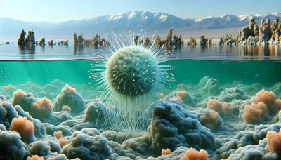 Mikroskopisches Wesen im Mono Lake mit aquatischem Hintergrund