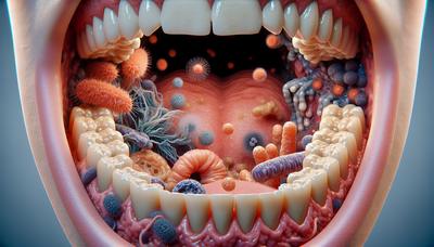 Vista microscópica de bacterias y boca humana.