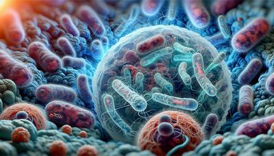 Vue microscopique de bactéries attaquant des cellules cancéreuses.