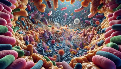 Vista microscopica dei batteri intestinali e delle molecole di antibiotico.