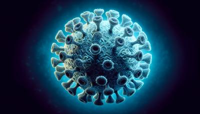 Vista microscópica de la estructura del Mimivirus contra un fondo azul.