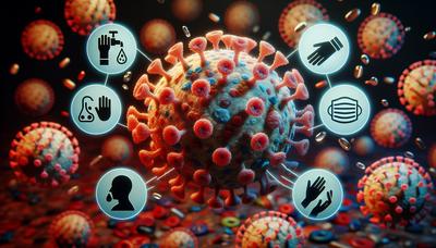 Microscopisch beeld van het mpox-virus met preventie-iconen.