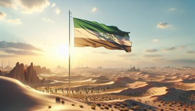 Midden-Oosters landschap met de Hezbollah-vlag die hoog wappert.