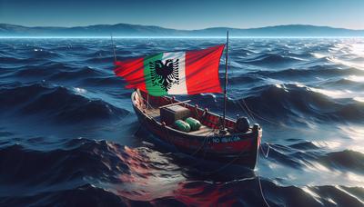 "Barcos de migrantes en el mar con banderas de Italia y Albania"