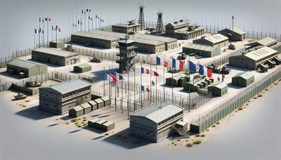 Bâtiments de base militaire avec des drapeaux français et tchadien.