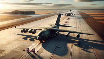 Aviones de carga militar en la pista de una base aérea estadounidense.