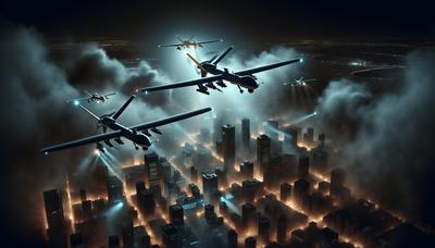 Drones militares sobre un paisaje urbano humeante por la noche.