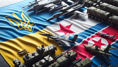 Militärische Ausrüstung und Flaggen der Ukraine und Nordkoreas