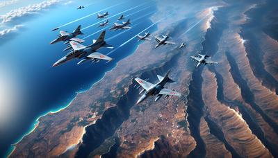 Militaire jets boven Libanon met diplomatieke symbolen overlay.