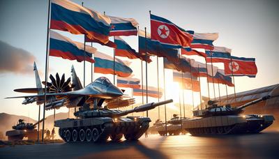 Militärjets, Panzer und Flaggen von Russland und Nordkorea