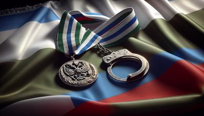 Médaille militaire et menottes sur le drapeau russe.