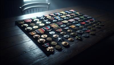 Médailles militaires sur une table sous un éclairage tamisé.