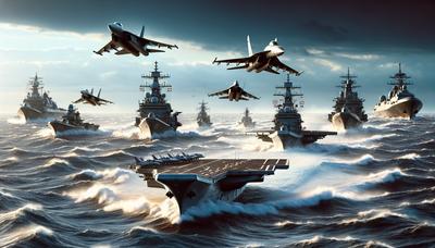 Militärschiffe und Kampfflugzeuge in asiatischen Gewässern