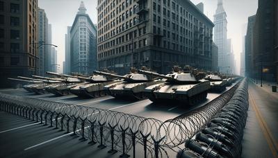 Militaire tanks en prikkeldraad in stedelijke omgeving.