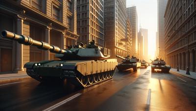 Tanques militares en la calle de la ciudad durante el atardecer.