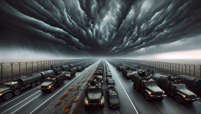 Véhicules militaires à la frontière sous un ciel nuageux.