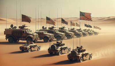 Vehículos militares en el desierto con banderas de Hezbolá ondeando.