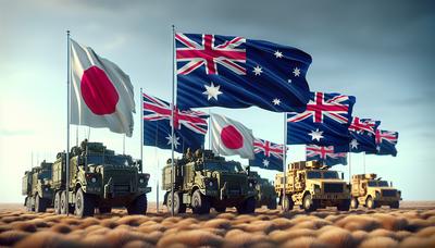 Militaire voertuigen in gezamenlijke oefening met Japan Australië vlaggen