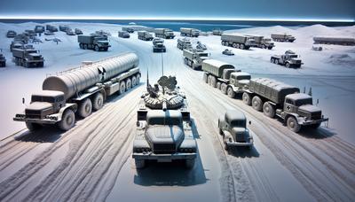 Militaire voertuigen in de sneeuw met nucleaire symbolen.
