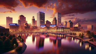 Milwaukee skyline met banners van de Republikeinse Nationale Conventie.