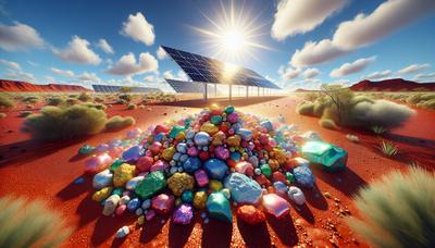 Minerales y paneles solares con paisaje australiano de fondo