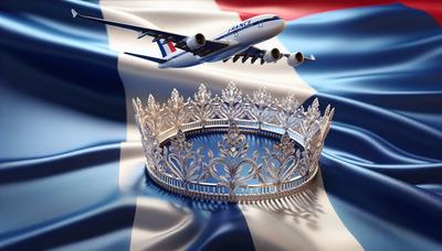 Couronne de Miss France avec un avion et un fond de drapeau français.