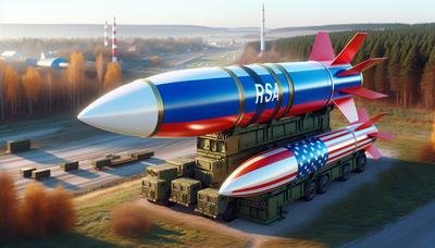 Raketten in Duitsland met Russische en Amerikaanse vlaggen.