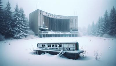 Vermiste Elfstedentocht banner besneeuwd landschap verlaten theater.