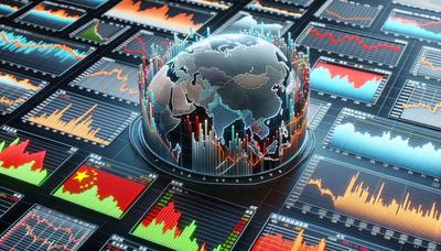 Gráficos de ações mistas justapostos com gráfico da economia chinesa em queda.