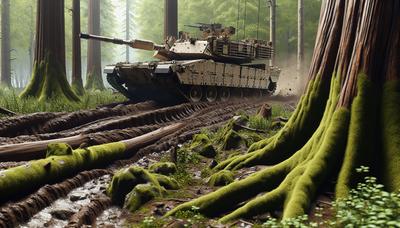 Moderne tanks die door een ruig bosachtig terrein rijden.