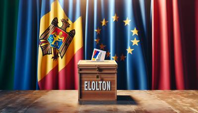 Banderas de Moldavia y la UE con urna electoral.