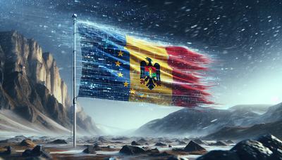 Moldavische vlag met EU-symbool onder digitale storm.