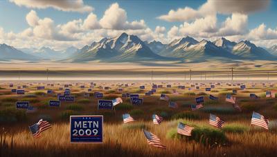 Paisagem de Montana com cartazes de campanha e bandeiras americanas