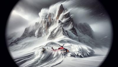 Tempesta invernale sul Monte Bianco con arrivo di elicotteri di soccorso.