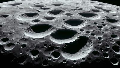 Surface de la lune avec des dépôts de glace visibles et des cratères.