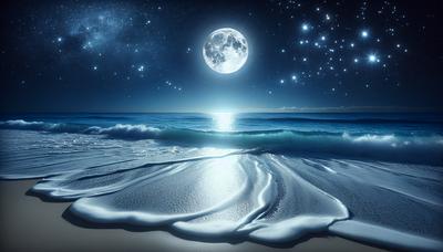 Onde della spiaggia illuminate dalla luna sotto un cielo notturno limpido.