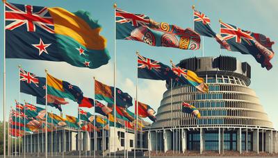 Bandeiras Māori fora do edifício do Parlamento da Nova Zelândia.