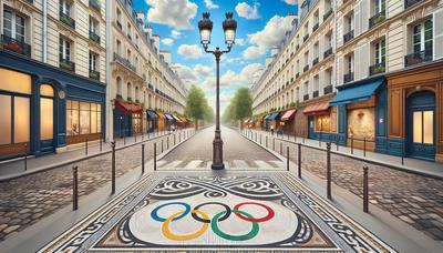 Œuvre de mosaïque des anneaux olympiques dans une rue de Paris.