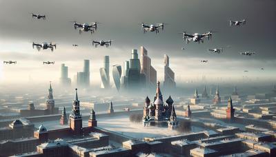 Skyline de Moscou avec des drones et de la fumée visibles.