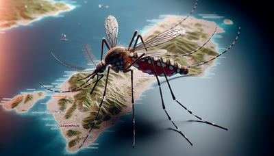 Moustique porteur du virus de la dengue sur une carte de la Guadeloupe.