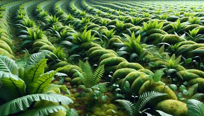 Musgo y helechos entrelazados con plantas de cultivo saludables.