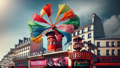 Moulin Rouge orné de nouvelles voiles temporaires vibrantes.