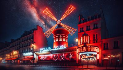 Les voiles rouges du Moulin Rouge s'illuminent contre le ciel nocturne.