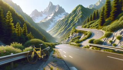 Route de montagne avec le maillot jaune de Pogacar sur un vélo.