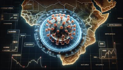 Ilustração do vírus Mpox com mapa destacando a África do Sul

