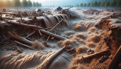 Fiume fangoso che straripa distruggendo il paesaggio con detriti.