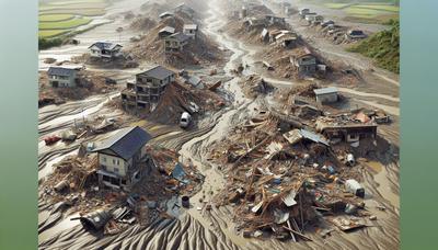 Consequências de deslizamento de terra com casas destruídas e destroços.