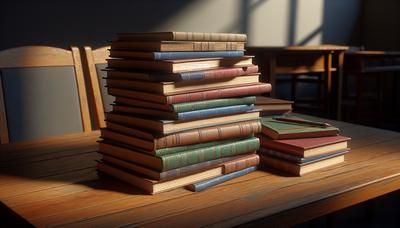 Veelgekleurde schoolboeken gestapeld op een houten bureau.