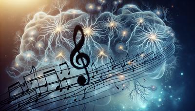 Notas musicales transformándose en neuronas y vías cerebrales.